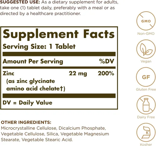 Vista 2 de Solgar Zinc quelado, 250 tabletas, paquete de 2, antioxidante, para la piel y el sistema inmunológico, sin OMG, vegano, kosher, sin gluten, 500