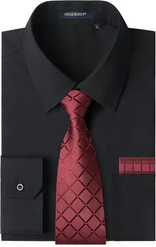 Vista 62 de HISDERN Mens Dress Shirt with Tie Pocket Square Set Classic Button Down Shirt Matching Tie Long Sleeve Shirts 08-verde