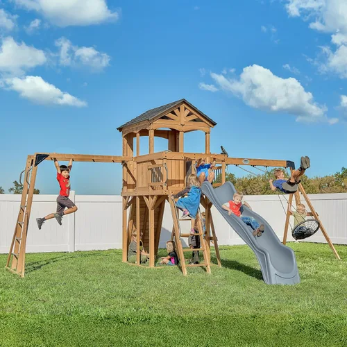Vista 13 de Juego de columpios Backyard Discovery Sterling Point con tobogán de ola, casa de juegos elevada, puente de madera, pared de roca, columpios