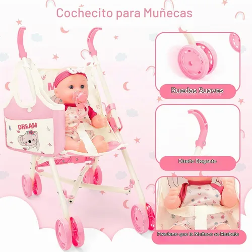 Vista 2 de deAO Juguetes de Cochecito de Muñeca Bebé con Muñeca Bebé de 12" Accesorios Cama de Cuna Silla Alta Conjunto de Juego de Roles de Guardería Tapete
