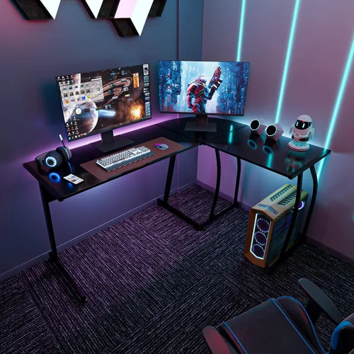 Vista 4 de Super Deal Escritorio esquinero en forma de L para computadora y juegos, escritorio moderno de 58 pulgadas, estación de trabajo de escritura, negro