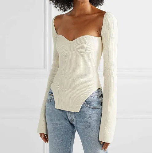 Vista 2 de Suéter de punto acanalado con cuello cuadrado para mujer, manga larga, ajustado, ajustado