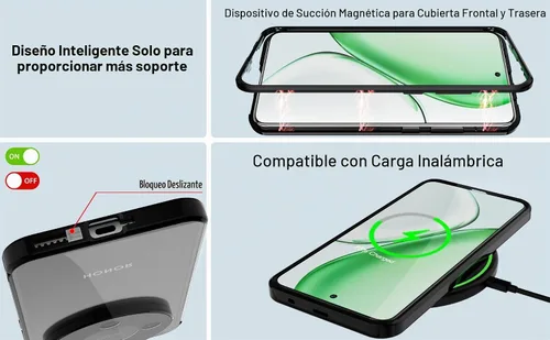 Vista 4 de QUIETIP Funda magnética para Honor Magic 8 Lite/Honor X9d, marco de metal de doble cara cubierta de vidrio templado transparente, negro