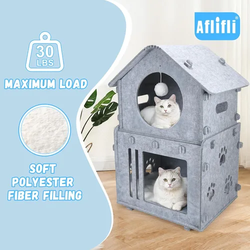 Vista 2 de Casa desmontable de 2 plantas para gatos de interior, camas cubiertas y muebles con acolchado lavable, bonito condominio moderno para mascotas