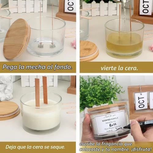 Vista 5 de MILIVIXAY Paquete de 6 tarros de vela de 16 onzas con tapas de bambú y kits de fabricación de velas, tarros de vela de 3 mechas, tarros de vidrio