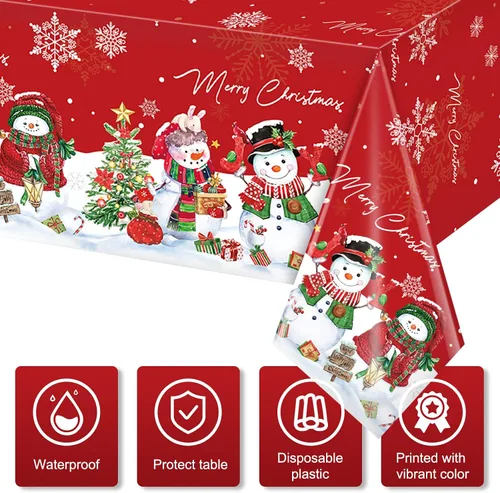 Vista 3 de FunnyPars 3 piezas manteles de muñeco de nieve navideños de plástico, cubierta de mesa de invierno con copos de nieve y árbol de Navidad