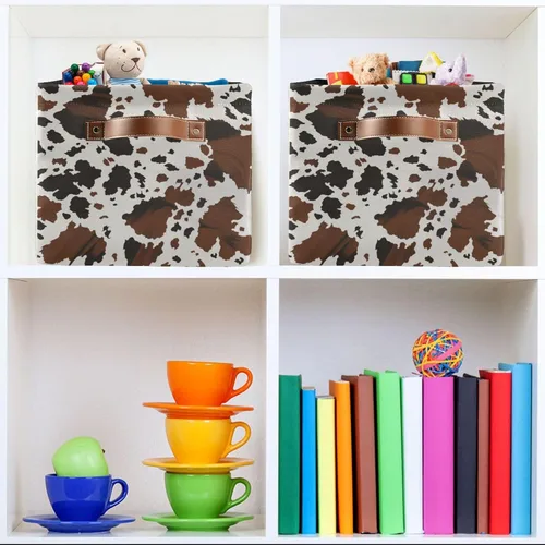 Vista 7 de Cesta de almacenamiento rectangular de lona con estampado de vaca con asas para el hogar, oficina, libros, guardería, juguetes para niños, armario