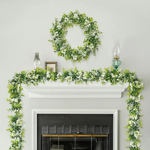 Vista 10 de Guirnalda de eucalipto con flores de 6 pies, paquete de 2 guirnaldas artificiales de eucalipto colgantes de verano adecuadas para mesa, boda, telón