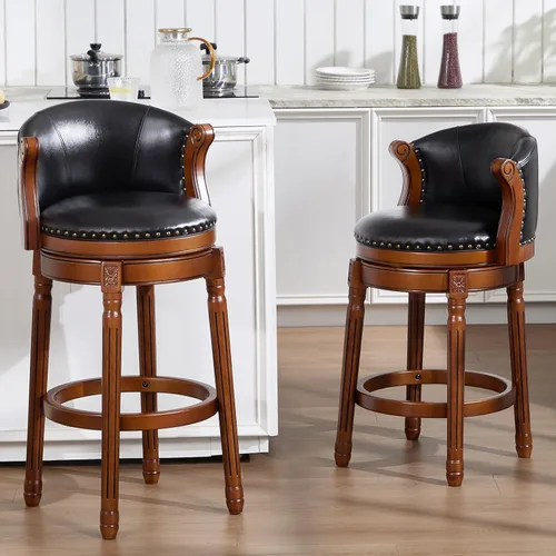 Vista 7 de RAINMOOD Taburete de bar, taburetes de bar giratorios de estilo moderno de mediados de siglo con asiento de cuero y patas de madera, silla