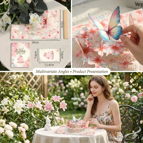 Vista 4 de Tarjeta de cumpleaños desplegable 3D – Elegante tarjeta de felicitación emergente de pastel floral de mariposa rosa para mujeres, mamá, esposa