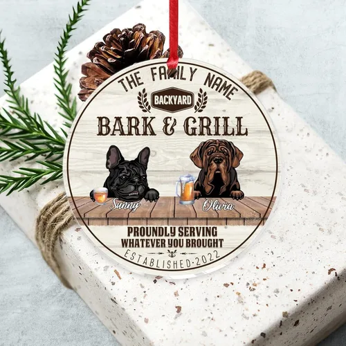 Vista 5 de SILYHEART Adorno acrílico navideño de perro toro francés y mastín napolitano, adornos de sublimación de Navidad, nombre de perro, divertido perro