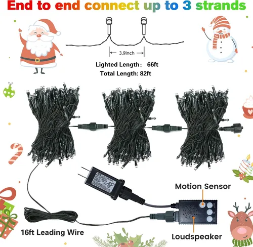 Vista 7 de Toodour Tira de 200 luces LED de Navidad de 82 pies para exteriores e interiores con música, sensor de movimiento, luz multicolor para árbol