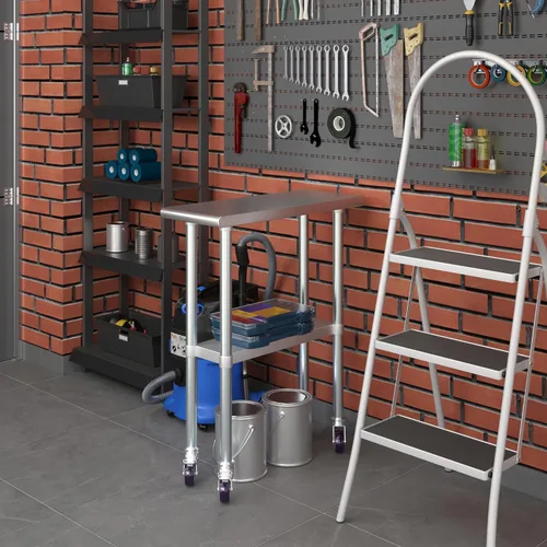 Vista 7 de AmGood Mesa de trabajo de acero inoxidable de 30 x 12 pulgadas con ruedas, mesa de metal resistente sobre ruedas, carrito de isla de cocina