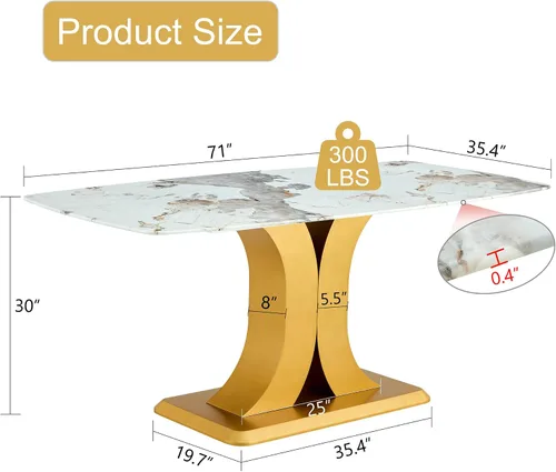 Vista 2 de A Modern Minimalist Dining Table. Imitation Marbled Glass Tabletop. Gold Table Legs for Kitchen and Living Room
