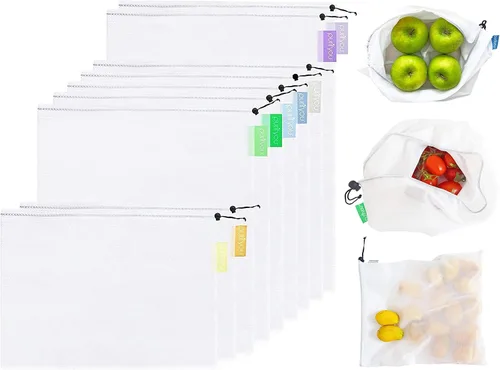 Vista 8 de purifyou Juego de 9 bolsas reutilizables de algodón orgánico – Malla de doble costura resistente, sin blanquear, cierre de cordón – 2 XL (12 x 20)
