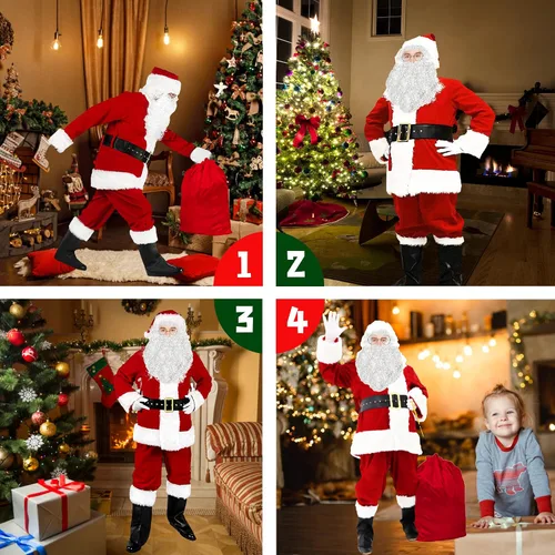 Vista 5 de AWZNG Traje de Papá Noel para adultos y hombres, disfraz de Papá Noel, 11 piezas, terciopelo profesional de lujo, para adultos, conjunto de cosplay
