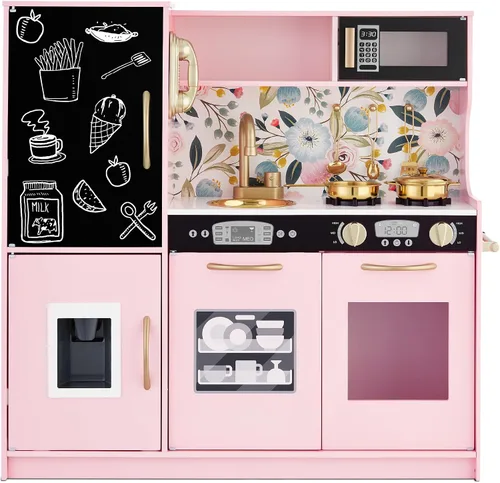 Vista 9 de Best Choice Products - Juego de cocina de madera para niños, juego de cocina con fregadero, horno, microondas, refrigerador, máquina de hielo y Negro