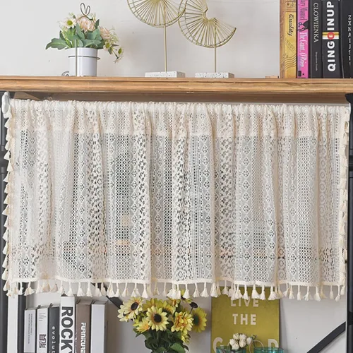 Vista 24 de Deeprove - Cenefa de cortina bohemia negra de 18 pulgadas de largo para cocina y cafetería, cortina corta bohemia de encaje transparente de crochet