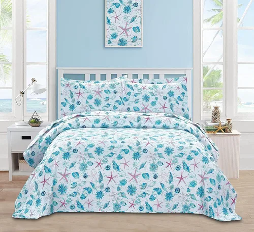 Vista 15 de Juego de edredón de tamaño Queen - Edredón ligero reversible, colcha, cubrecama - Ropa de cama costera - Decoración del hogar con concha de estrella