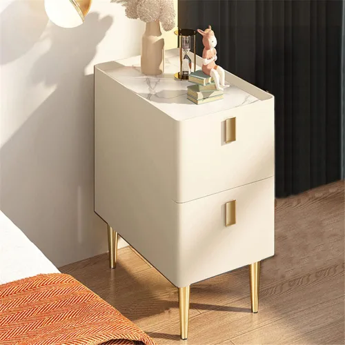 Vista 15 de Mesita de noche moderna de madera maciza con almacenamiento de 2 cajones, parte superior de mármol, práctica mesa auxiliar auxiliar para dormitorio