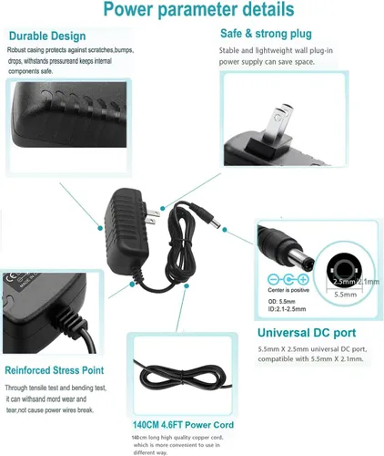 Vista 4 de Fuente de alimentación de 12 voltios, adaptador de 1.5 A, adaptador de CA/CC 100-240 V 50/60 Hz a CC 12 V 1.5 Amp, conectividad de enchufe de CC