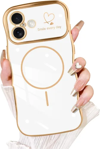 Vista 30 de Fiyart - Funda diseñada para iPhone 16 Pro, marco de onda lindo con forma rizada, corazones de amor chapados para mujeres y niñas, protección