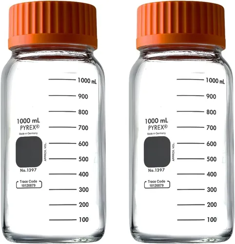 Vista 7 de Pyrex Botella redonda de almacenamiento de medios con tapa de rosca GL45, botellas de vidrio de borosilicato con tapas, cristalería científica