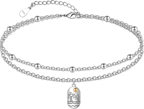 Vista 16 de CHIC & ARTSY Tobilleras delicadas de plata de ley S925 para verano, pulsera de tobillo ajustable multicapa para playa, joyería de pie para mujer