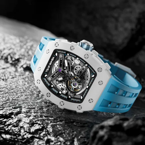 Vista 2 de Watch for Men, Automatic Skeleton Mechanical Mens Watch, 50M Waterproof Luxury Tonneau Square Big Face Dial Watch with SiliconeFluoroelastomer Watch