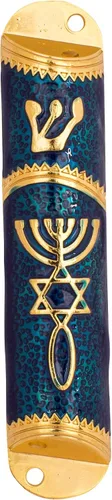 Vista 2 de Juego de 6 fundas esmaltadas para puerta mezuzá con símbolo mesiánico judío (azul con oro)