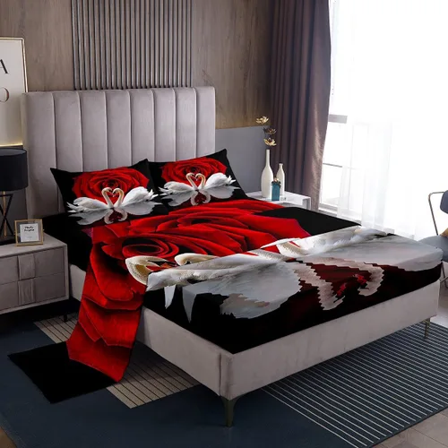 Vista 20 de Erosebridal Sábanas de cama de guepardo con rosa roja, juego de sábanas de bolsillo profundo con estampado de leopardo y gato, sábana bajera