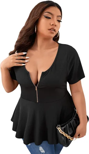 Vista 4 de SOLY HUX Tallas grandes para mujer, sexy, media cremallera, corte bajo, manga corta, volantes, peplum tops