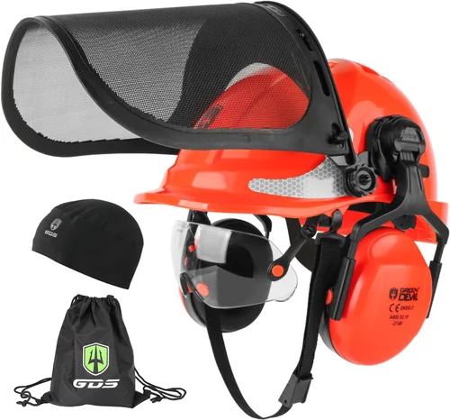 Vista 7 de GREEN DEVIL Casco protector de seguridad para motosierra, casco forestal con visera integrada de malla, protector facial de malla, orejeras 4 en 1