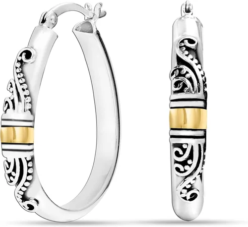 Vista 3 de LeCalla Aretes de aro de plata de ley 925 estilo Bali, ligeros, con cierre de clic, antiguos, de dos tonos, estilo italiano Bali, para mujer