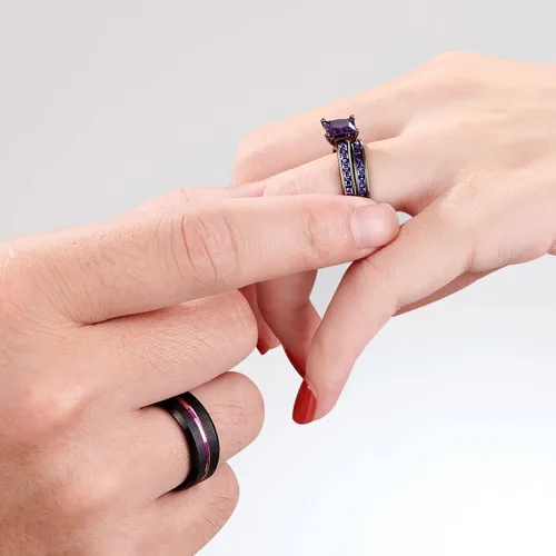 Vista 3 de Sheloves - Anillos de boda chapados en negro para parejas y mujeres, juego de anillos de boda de tungsteno para hombre y mujer