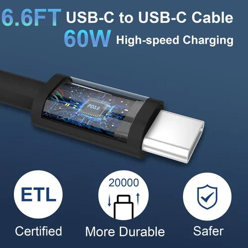 Vista 4 de Cargador para teléfono 15/16/17 Pro Max de carga rápida, bloque de carga USB C de doble puerto de 20 W con cable de carga USB C a C de 6.6 pies