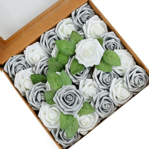 Vista 18 de Higfra Flores artificiales, 25 unidades, rosas falsas de espuma negra de aspecto real con tallos para ramos de boda, centros de mesa de despedida