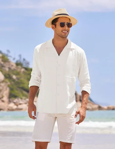 Vista 4 de COOFANDY Mens Linen Shirt Casual Cuban Guayabera Long Sleeve Button Down Beach Shirts