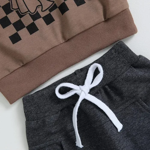 Vista 6 de Conjunto de sudadera con cuello redondo y estampado de fantasma de tablero de ajedrez y pantalones de Halloween para bebé niño