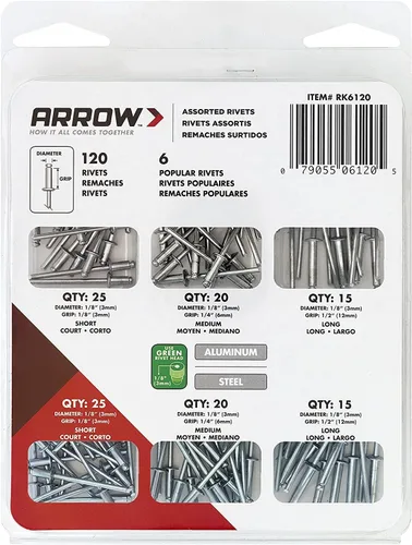 Vista 7 de Arrow RK6120 - Kit surtido de remaches para metal, tela, cuero y reparación de automóviles, aluminio y acero, 18 pulgadas, paquete de 120