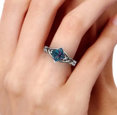 Vista 5 de Awmnjtmgpw - Anillo de compromiso de boda para mujer, plata de ley 925, corte celta, topacio arcoíris, circonita cúbica, topacio azul, talla 6-10