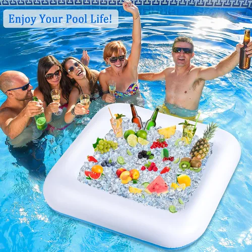 Vista 9 de Mesa de juego inflable para piscina con cartas impermeables (35.5 x 35.5 pulgadas, azul/blanco)