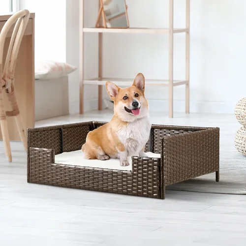 Vista 3 de YITAHOME Sofá cama de ratán para perro con cojín, cama de mimbre para mascotas, sofá para interiores y exteriores, agua no afectada para perros