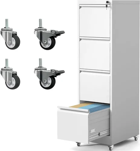 Vista 11 de Archivador de 4 cajones con ruedas, archivador de metal con cerradura y ruedas, almacenamiento rodante para oficina en casa, archivadores verticales