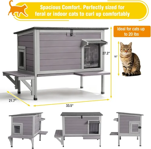 Vista 5 de Heated Cat House for Outside,Weatherproof Insulated Feral Shelter Solid wood structure with 6-sided insulated liner & certified heating pad. Keeps