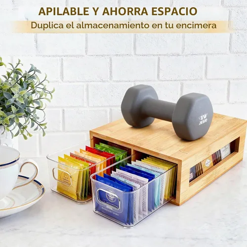 Vista 2 de Organizador de bolsitas de té, bambú y acrílico, soporte para bolsitas de té de madera, almacenamiento para cajones con 2 compartimentos espaciosos