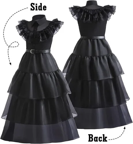 Vista 2 de Meiniyea Disfraz de miércoles Addams para niñas, disfraz casual para niños, disfraz de Halloween, cosplay, vestido de fiesta, color negro