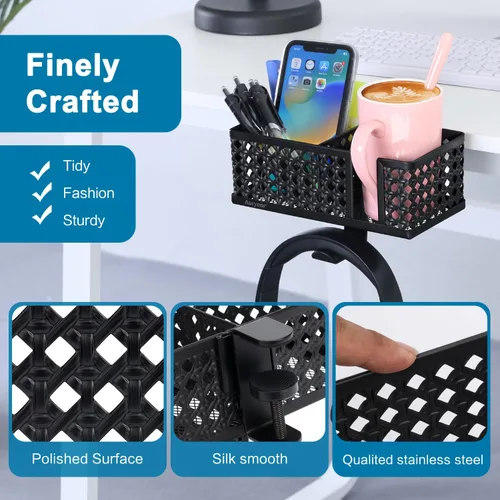 Vista 5 de Soporte para tazas de escritorio, gancho con clip, soporte para bolígrafo, organizador de escritorio, soporte para lápices, soporte para teléfono