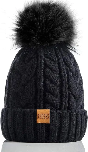 Vista 17 de Redess Gorro de invierno con pompón y forro polar cálido, grueso y holgado, tejido, para la nieve, para esquiar, para mujer Beige