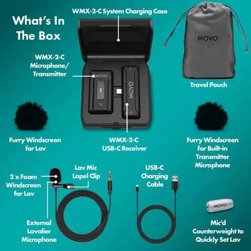 Vista 6 de Movo WMX-2-C Micrófono inalámbrico para dispositivos USB-C, sistema de micrófono inalámbrico Lavalier con estuche de carga, micrófono de solapa